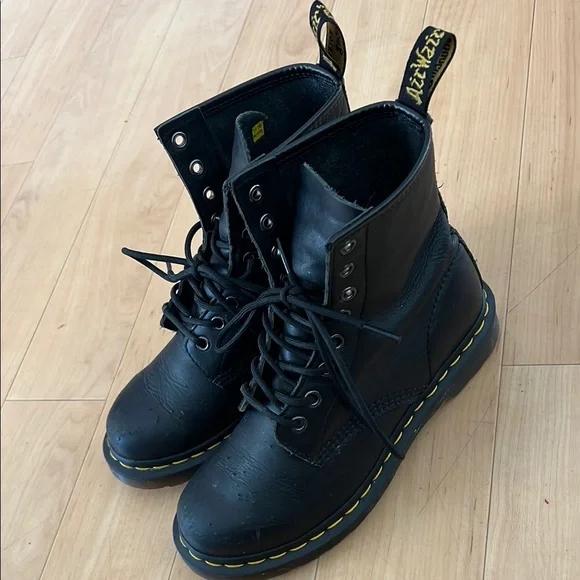 Dr. Martens Black and Yellow Combat Boots with Chunky Sole - Picture 2 of 16